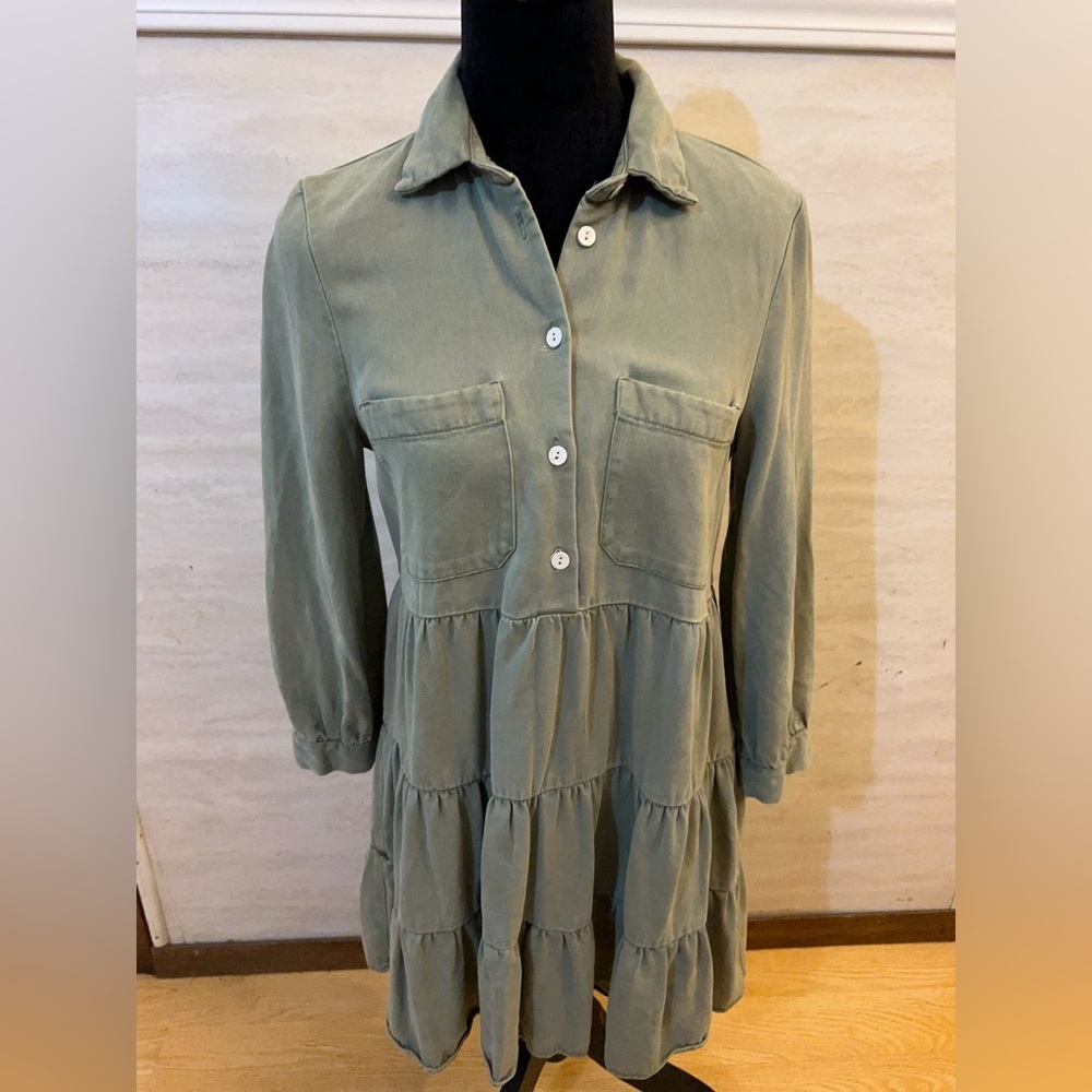 Zara Olive Green Tiered Mini Button-Front Dress